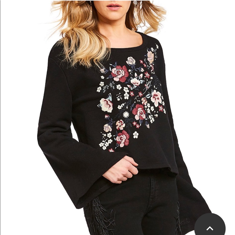 CHELSEA & VIOLET EMBROIDERED PEARL DETAIL LONG FLOUCE‎ SLEEVE TOP, BLACK SIZE L